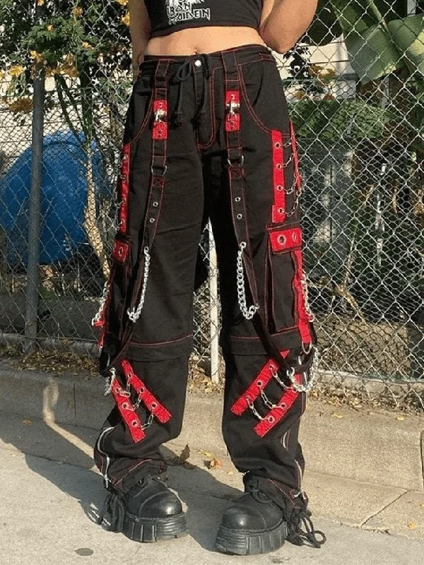 Chain Embellished Strap Straight Leg Pants Comfy Athletic Pants