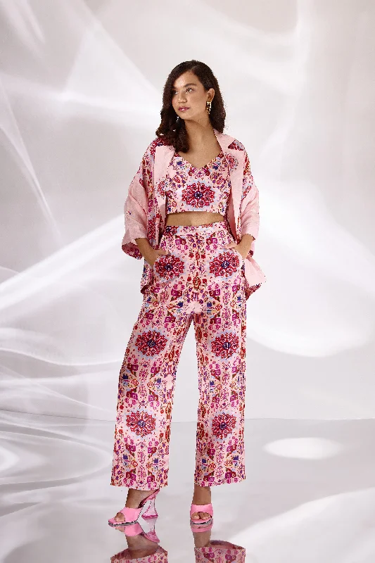 Pink Kashan Print Silk Wide Leg High Waist Pants Casual Wide Pants