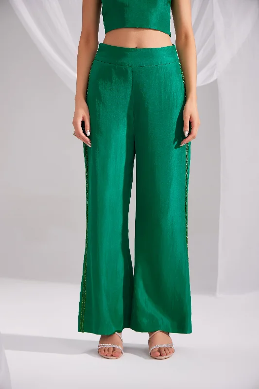 Hand Embroidered Emerald Green Flared Silk Pant Elegant Wool Trousers