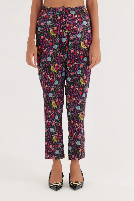 Black Mashroo Parrot Print Pant Stylish Elastic Waist Pants