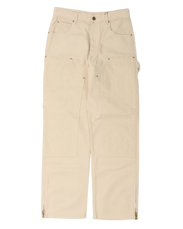 Monogram Embossed Double Knee Carpenter Pants Casual Track Pants