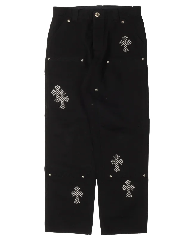 Checkered Cross Patch Double Knee Pants Formal Stretch Pants