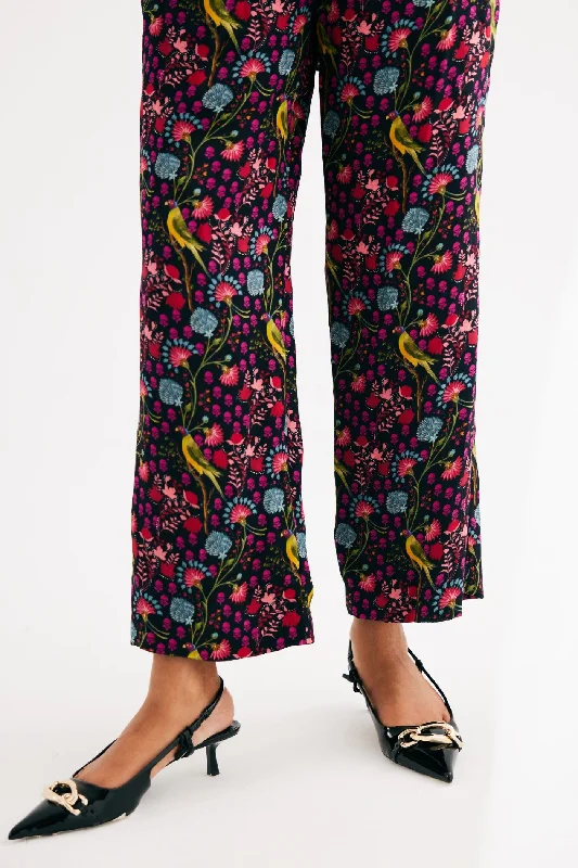 Black Parrot Print Satin Silk Straight Pants Modern Skinny Pants