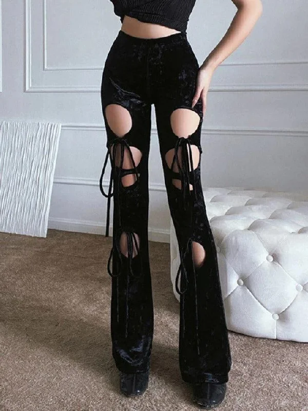 Lace Up Cutout Velvet Flare Leg Pants Chic Faux Leather Pants