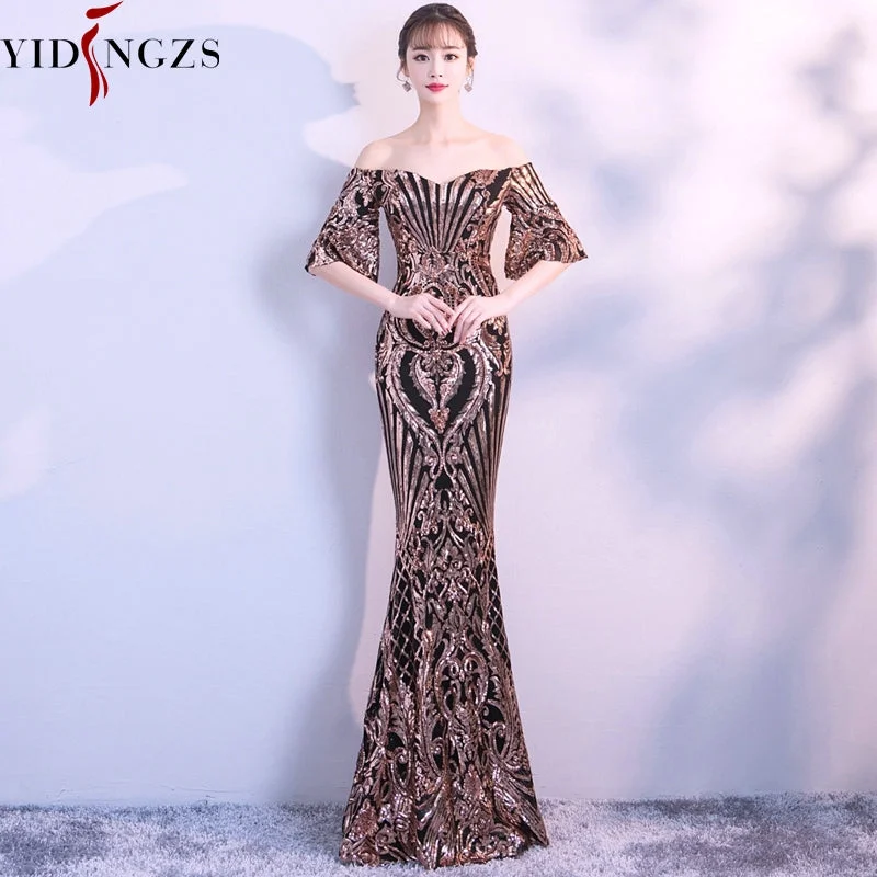 New Flare Sleeve Black Gold Heavy Sequins Dress Boat Neck Formal Party Long Evening Dress New Flare Sleeve Black Gold Heavy Sequins Dress Boat Neck Formal Party Long Evening Dress