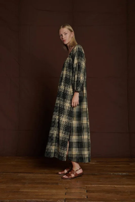 Adriana Maxi Dress in Black and Ecru Check Elegant Lace-Up Maxi Dress