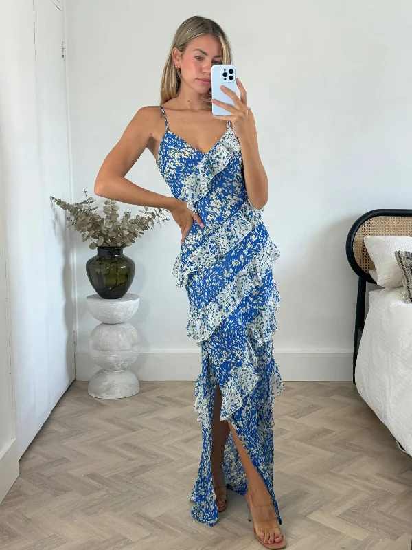 Cordelia Frill Maxi Dress in Blue Trendy Off-Shoulder Ruffle Maxi Dress