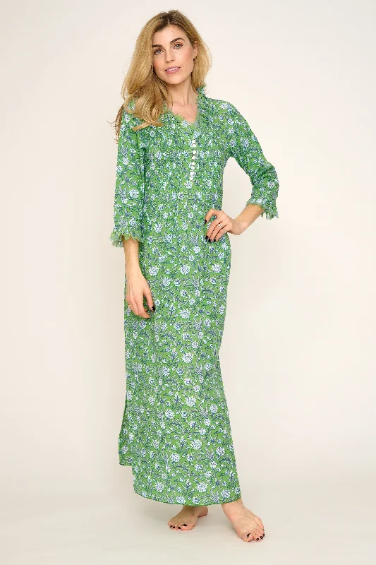 Cotton Annabel Maxi Dress in Green with White & Blue Flower Fashionable Chiffon Tiered Maxi Dress