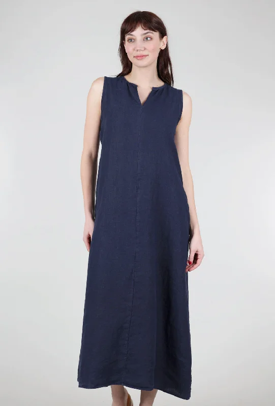 Linen Split-Neck Maxi Dress, Nightsky Trendy Fit-and-Flare Maxi Dress