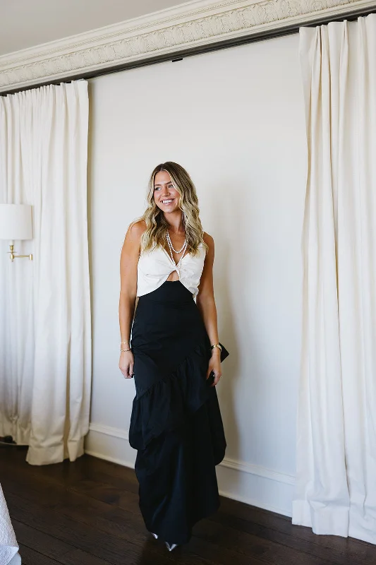 Enola Maxi Dress - Cream/Black Trendy Ruffled Maxi Dress