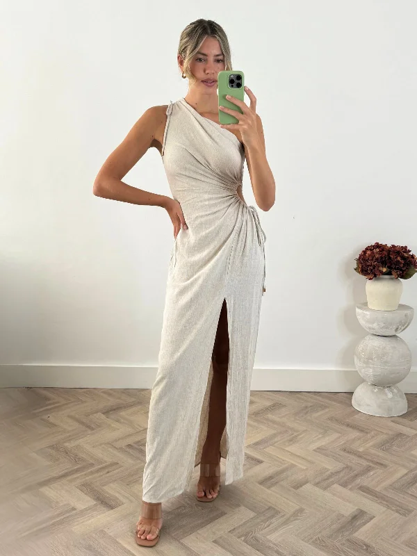 Jovie Cut Out Maxi Dress / Linen Oat Trendy Button Front Maxi Dress