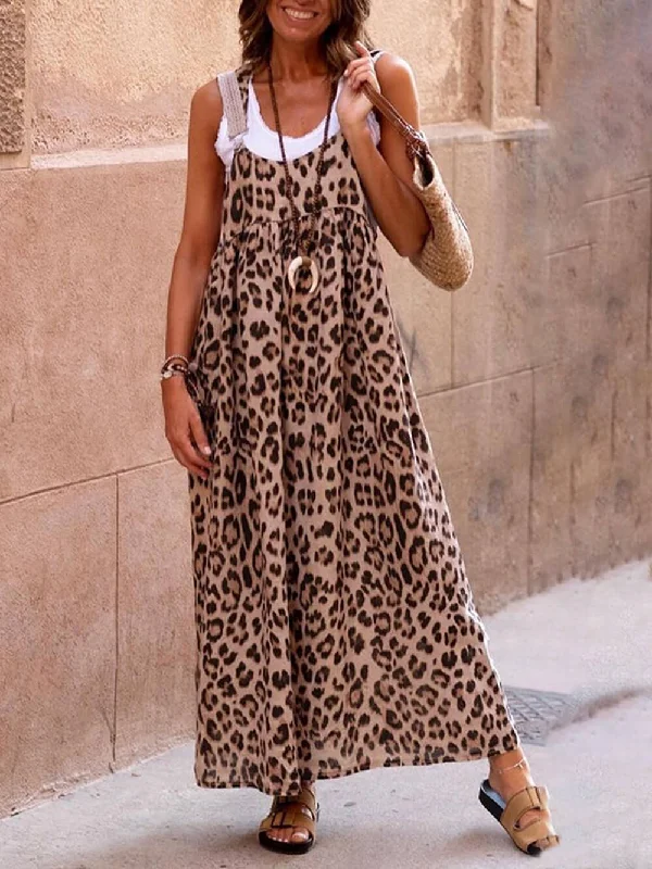 Leopard Print Patchwork Charming Suspender Maxi Dress Elegant Maxi Dress with Pockets Leopard Print Patchwork Charming Suspender Maxi Dress Elegant Maxi Dress with Pockets