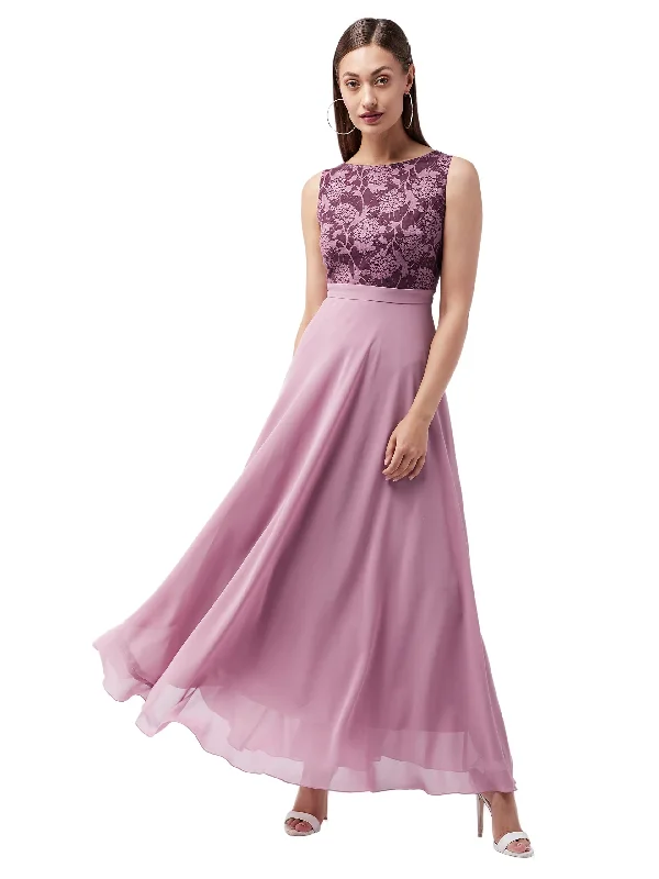 Miss Chase Women's Lavender Round Neck Sleeveless Solid Lace Overlaid Maxi Dress (MCAW19D08-57-196-02,Lavender,XS) Fashionable High-Waist Maxi Dress