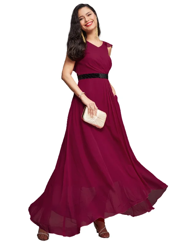 Miss Chase Women's V-Neck Ruffled Sleeve Solid Embellished Maxi Dress with Pockets (MCAW21D06-17-23-06, Dark Pink, XL) Elegant Boho Maxi Dress Miss Chase Women's V-Neck Ruffled Sleeve Solid Embellished Maxi Dress with Pockets (MCAW21D06-17-23-06, Dark Pink, XL) Elegant Boho Maxi Dress
