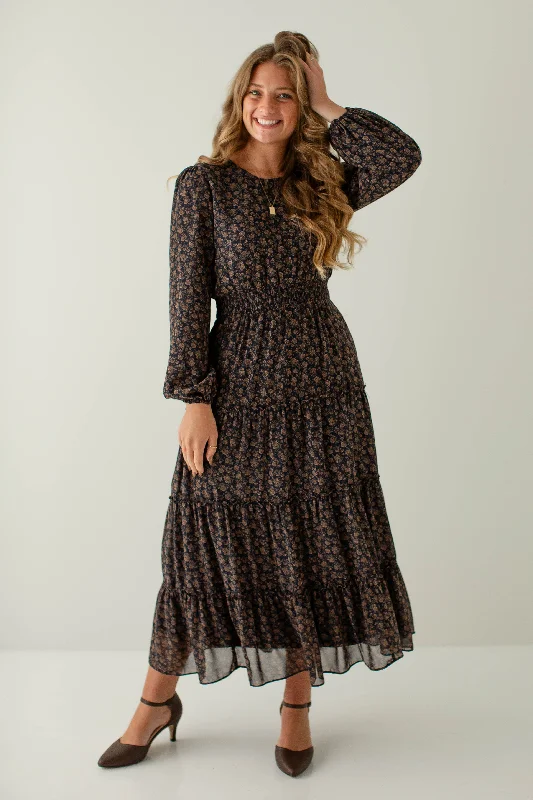 'Ophelia' Smocked Waist Floral Chiffon Maxi Dress in Navy Trendy Short Sleeve Maxi Dress 'Ophelia' Smocked Waist Floral Chiffon Maxi Dress in Navy Trendy Short Sleeve Maxi Dress