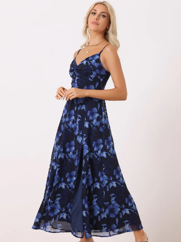 Spaghetti Strap Floral Smock Slit Elegant Maxi Dress Sundress Comfortable Maxi Dress with Belt Spaghetti Strap Floral Smock Slit Elegant Maxi Dress Sundress Comfortable Maxi Dress with Belt