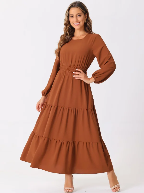 Long Sleeve Crew Neck Pocketed Tiered Maxi Dress Chic Sleeveless Maxi Dress