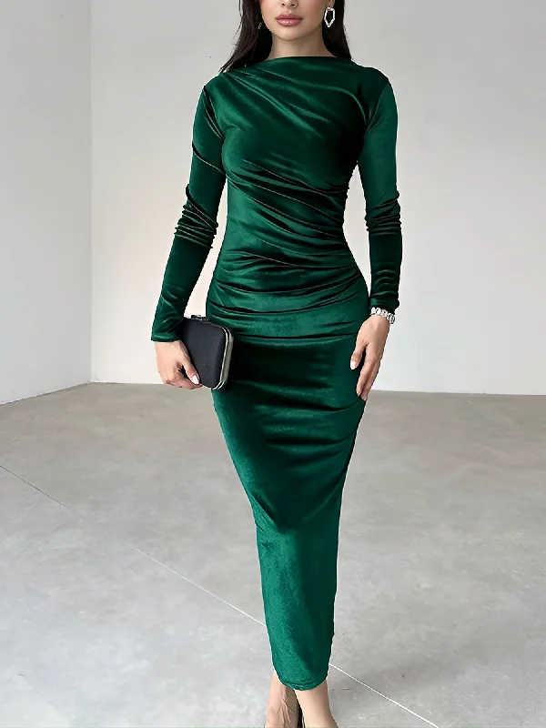 Velvet Ruched Long Sleeves Bodycon Maxi Dress Elegant Wraparound Maxi Dress