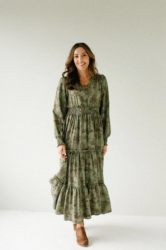 'Poetry' Abstract Floral Chiffon Maxi Dress in Oak Moss Fashionable Chiffon Maxi Dress