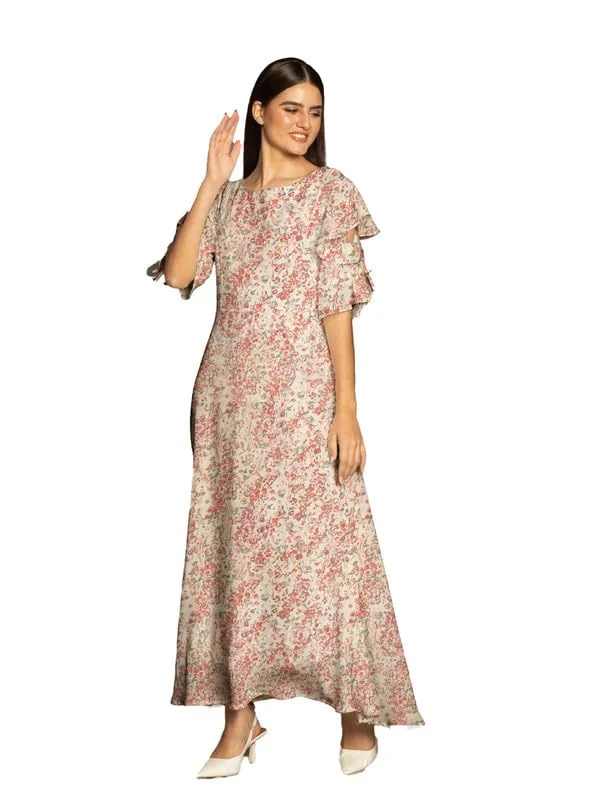 Zink London Women's Beige Floral Print Flared Maxi Dress Comfortable Ruffle Hem Maxi Dress