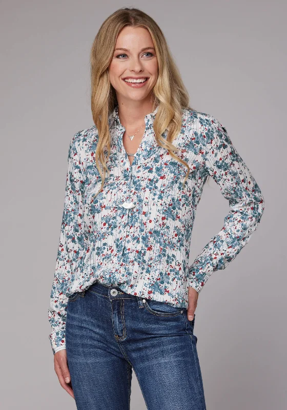 WOMENS LONG SLEEVE BUTTON DITZY FLORAL PRINT RAYON CHALLIS WESTERN SHIRT WITH TAB AND BUTTON ON SLEEVES V-Neck T-Shirt Long Sleeve Cotton WOMENS LONG SLEEVE BUTTON DITZY FLORAL PRINT RAYON CHALLIS WESTERN SHIRT WITH TAB AND BUTTON ON SLEEVES V-Neck T-Shirt Long Sleeve Cotton
