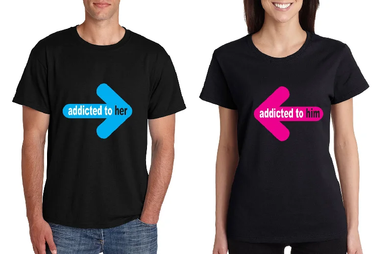 Addicted to her Addicted to him Valentine day tshirts Couple Fitted T-Shirt Seamless Stretchy Addicted to her Addicted to him Valentine day tshirts Couple Fitted T-Shirt Seamless Stretchy