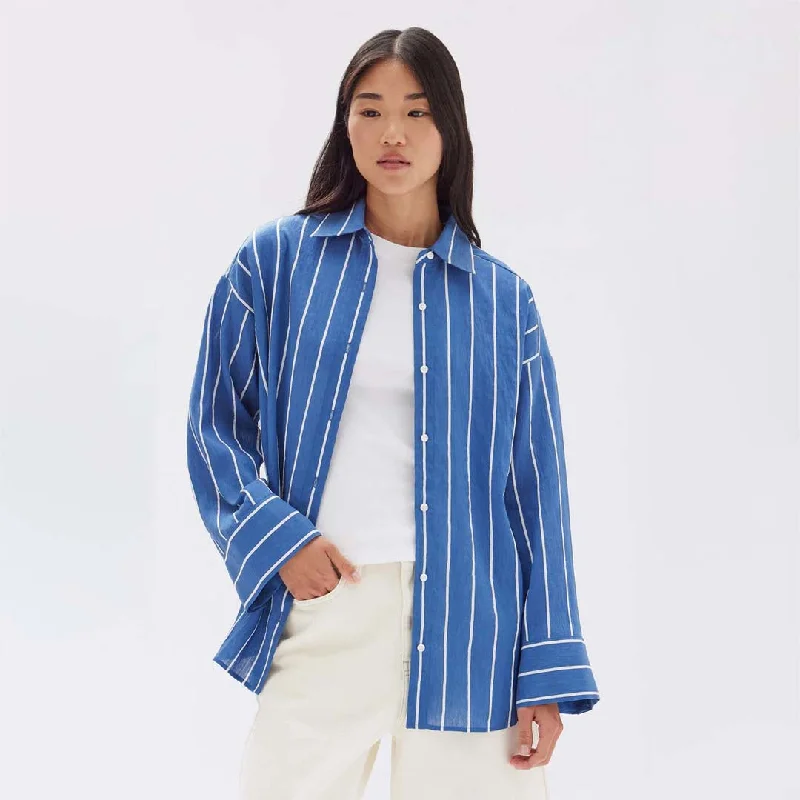 AYLA STRIPE SHIRT | ROYAL BLUE WHITE Zippered Front Buttoned Front Snap Front