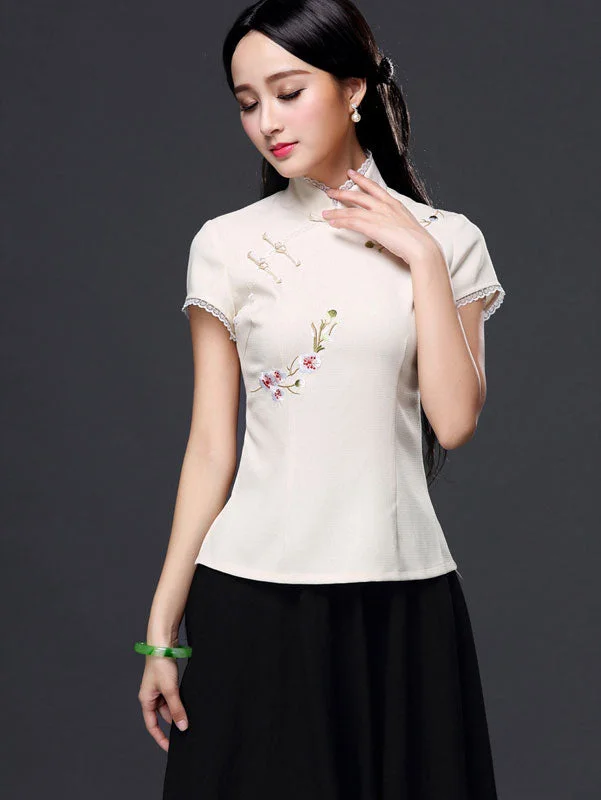 Beige Pink Embroidered Qipao Cheongsam T-shirt Handmade Hand-knitted Hand-woven
