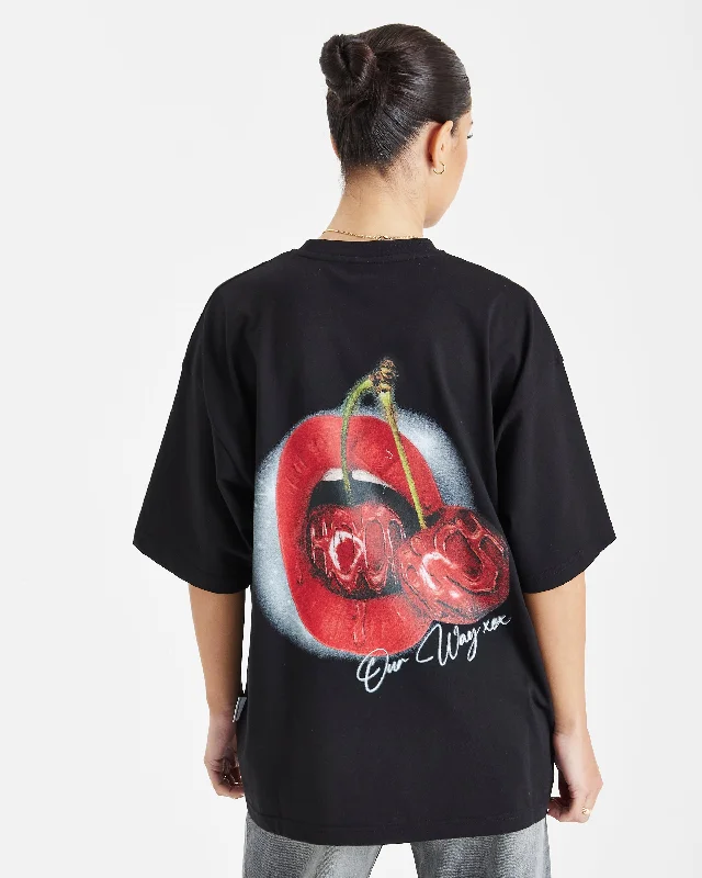 Cherries Oversized T-Shirt - Black/White/Red Welt Pockets Slit Pockets Flap Pockets