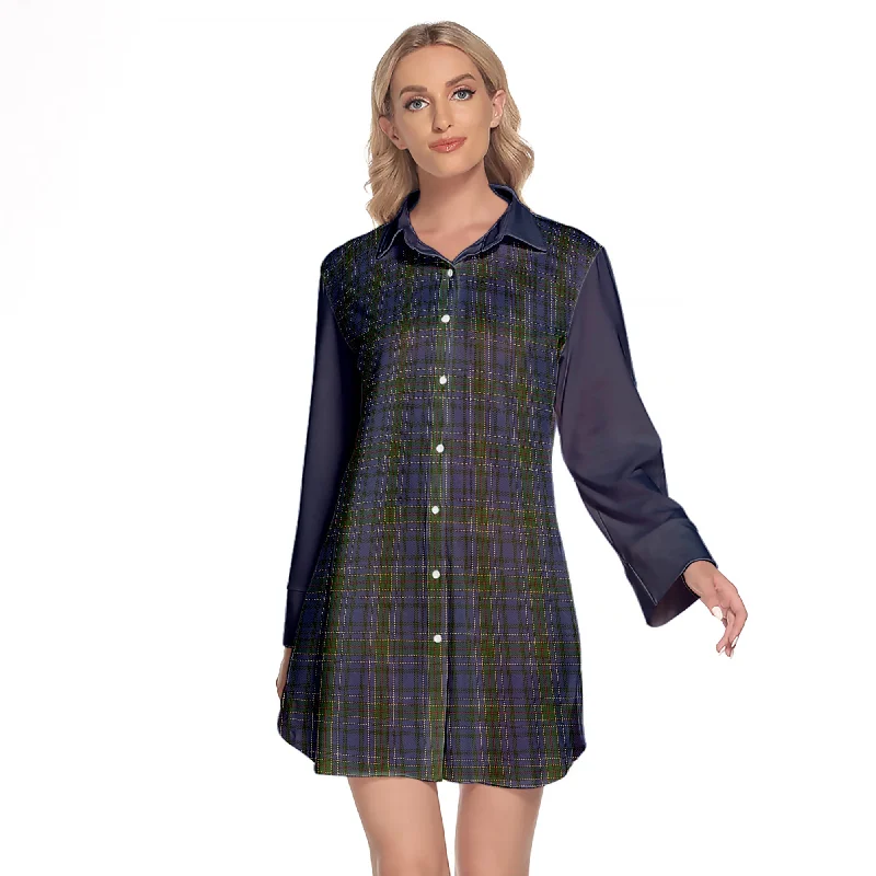 Cockburn Blue Tartan Women's Lapel Shirt Dress With Long Sleeve Machine Wash Dry Clean Hand Wash Cockburn Blue Tartan Women's Lapel Shirt Dress With Long Sleeve Machine Wash Dry Clean Hand Wash