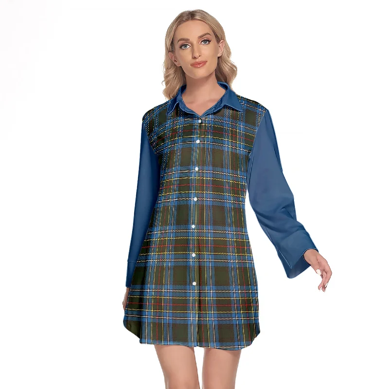 Cockburn Modern Tartan Women's Lapel Shirt Dress With Long Sleeve Zippered Buttoned Snapped Cockburn Modern Tartan Women's Lapel Shirt Dress With Long Sleeve Zippered Buttoned Snapped