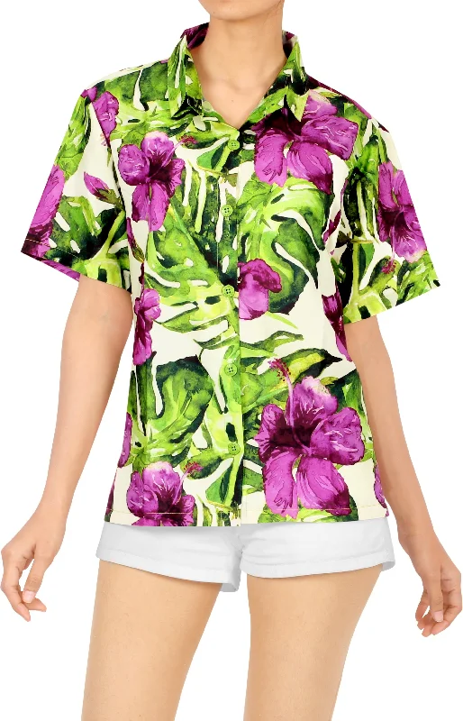 Multicolor Monstera Leaves and Hisbiscus Flower Printed Hawaiian Shirt For Women Zippered Front Buttoned Front Snap Front Multicolor Monstera Leaves and Hisbiscus Flower Printed Hawaiian Shirt For Women Zippered Front Buttoned Front Snap Front