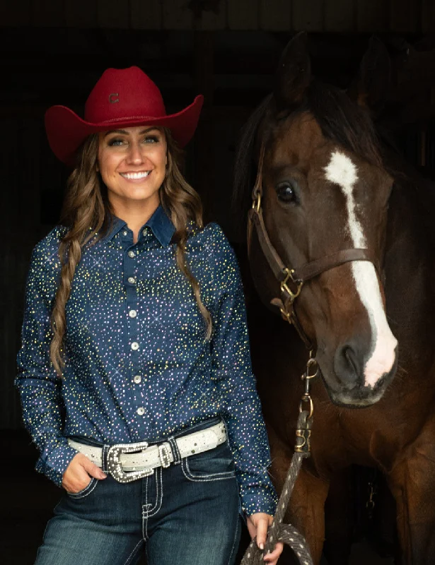 Cowgirl Tuff Pullover Denim Shirt with Crystal Embellishing Houndstooth Herringbone Solid