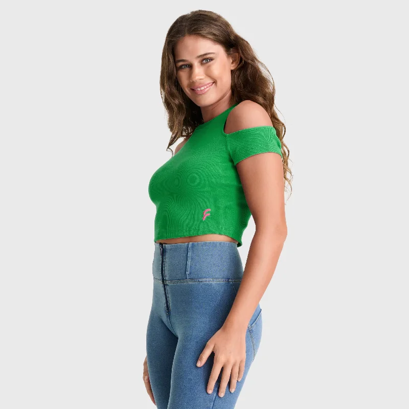 Cropped Cut Out T Shirt - Green Spandex Blend Rayon Blend Denim Blend