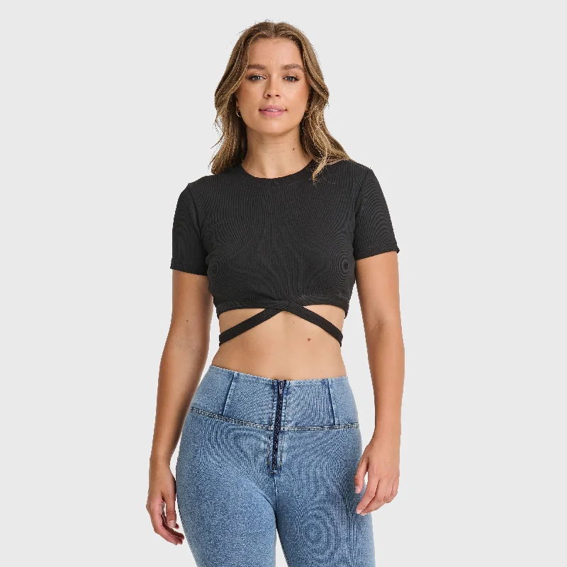 Cropped Wrap Around T Shirt - Black Striped Floral Plaid