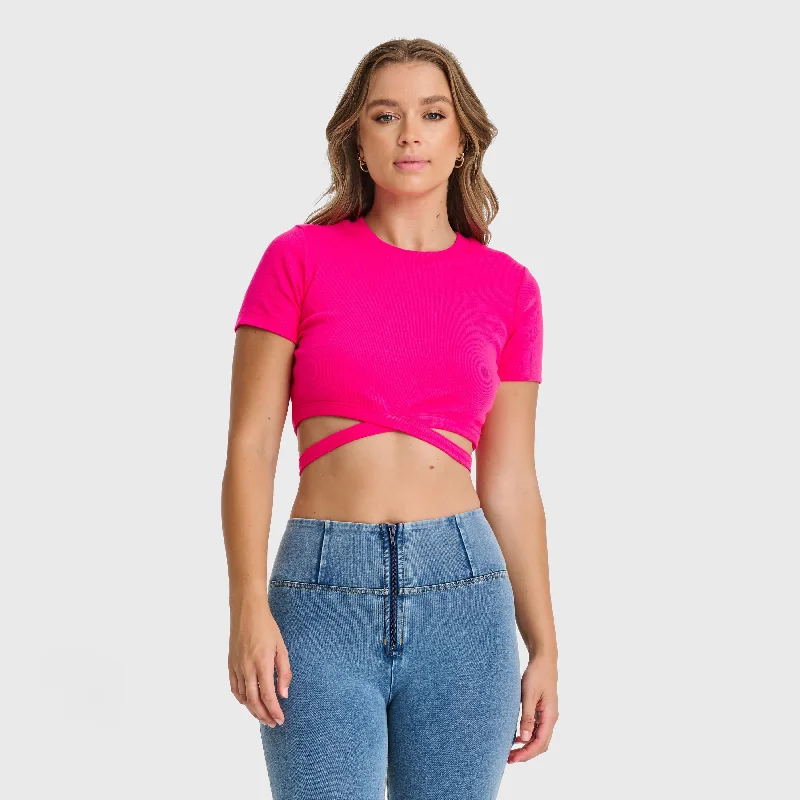 Cropped Wrap Around T Shirt - Pink Ribbed T-Shirt High Neck Heavyweight
