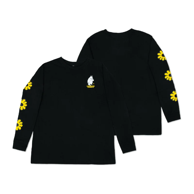 Moomintroll's Flower Longsleeve Shirt With Cuffrib Unisex - Black Hooded Caped Shawl Collar Moomintroll's Flower Longsleeve Shirt With Cuffrib Unisex - Black Hooded Caped Shawl Collar
