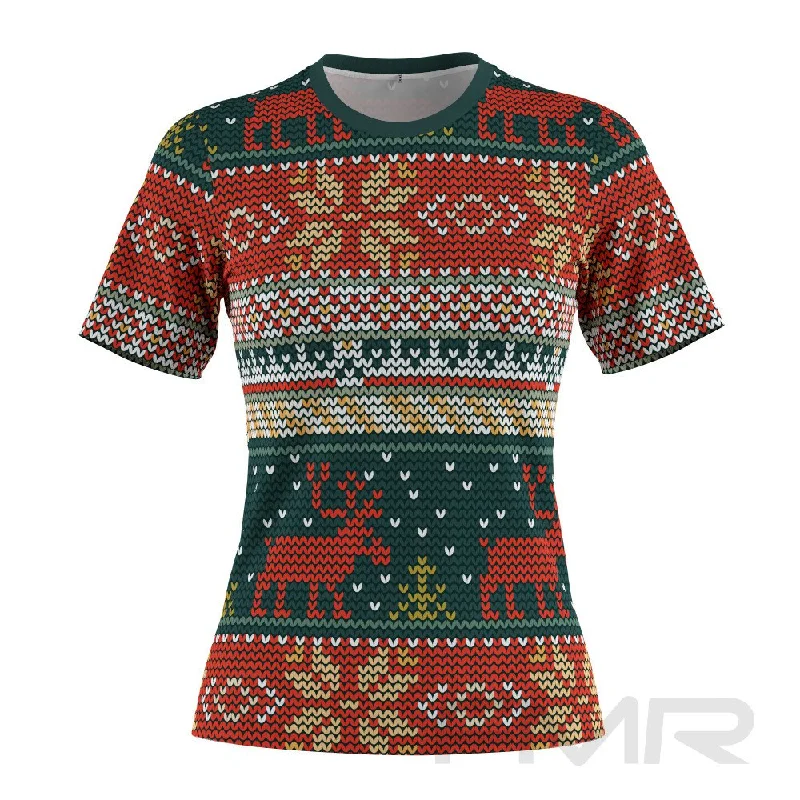 FMR Women's Deer Ugly Sweater  Short Sleeve Shirt Embroidered Appliqued Beaded