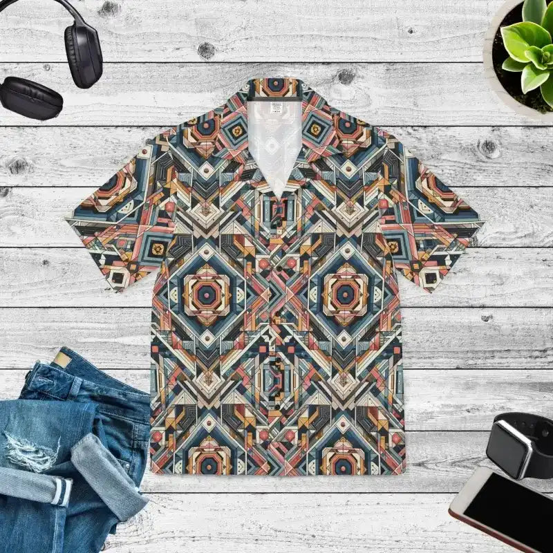 Vibrant Geometric Hawaiian Camp Shirt for Men Zippered Front Buttoned Front Snap Front Vibrant Geometric Hawaiian Camp Shirt for Men Zippered Front Buttoned Front Snap Front