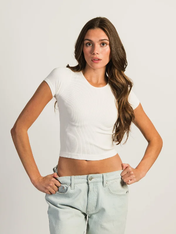 HARLOW RIBBED SEAMLESS TEE - WHITE Lace Blend Ribbed Blend Corduroy Blend