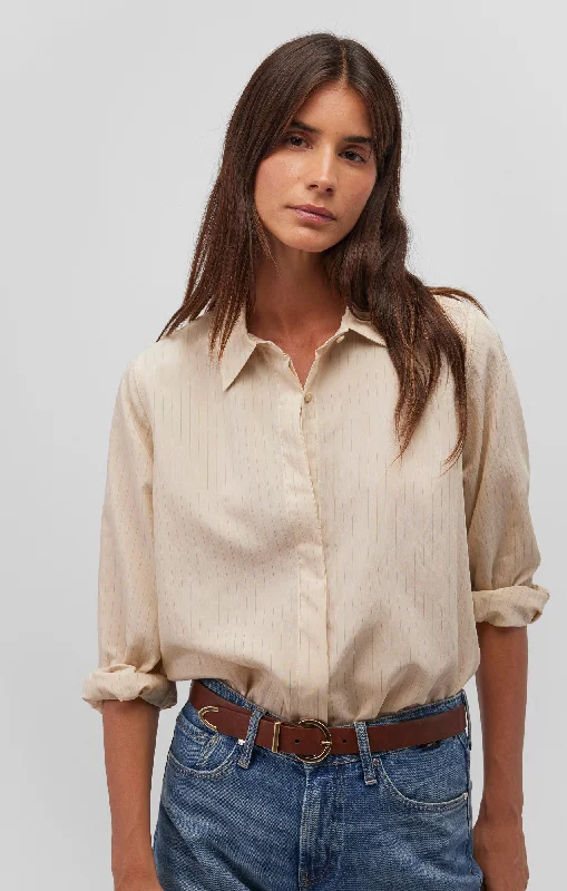 LONG SLEEVE BUTTON-UP SHIRT IN COCONUT MILK STRIPE Fleece Nylon Spandex
