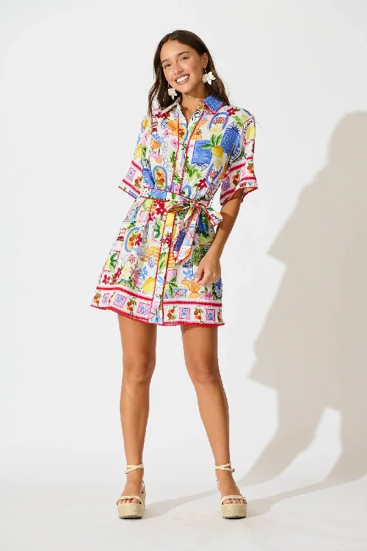 Miela Shirt Dress in White With Multi Print Ribbed Striped Patterned