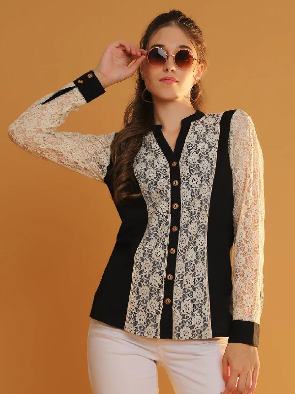 NOZ2TOZ Women's Black Full Sleeves Mandarin Collar Shirt with Patch Lace Fabric Spandex Blend Rayon Blend Denim Blend NOZ2TOZ Women's Black Full Sleeves Mandarin Collar Shirt with Patch Lace Fabric Spandex Blend Rayon Blend Denim Blend