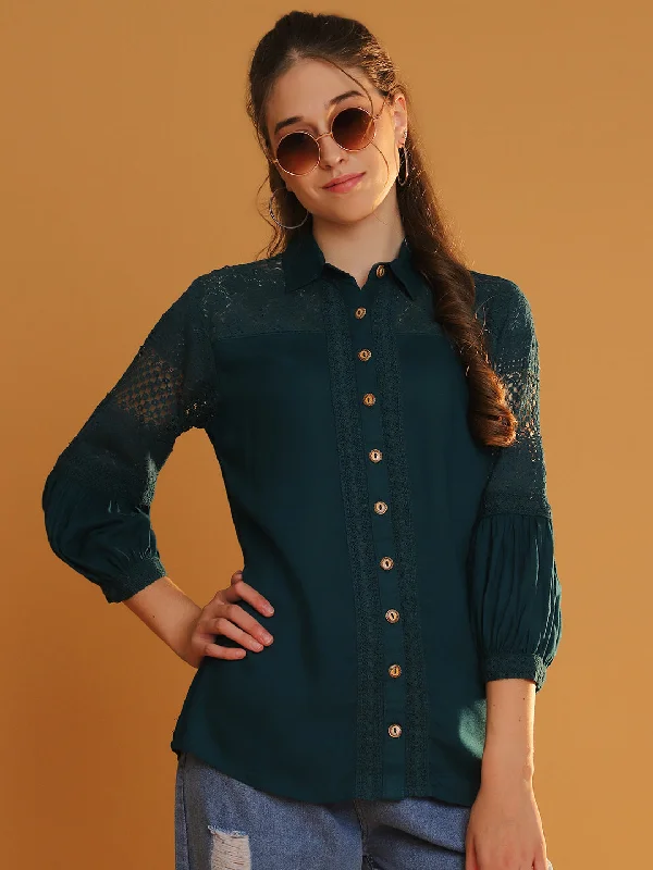 NOZ2TOZ Women's Collared Bottle Green 3/4 Sleeves Shirt with Lace Detail Plaid T-Shirt Polka Dot Checkered