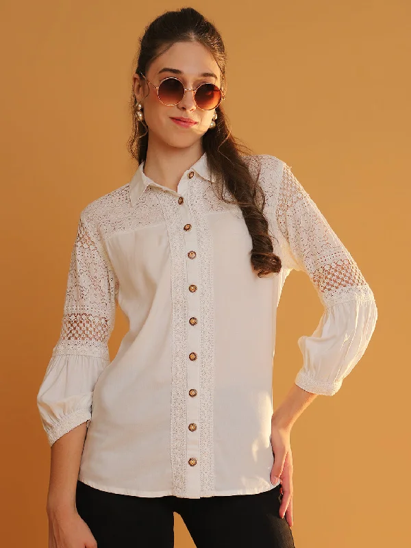 NOZ2TOZ Women's Collared White 3/4 Sleeves Shirt with Lace Detailing Satin Fabric Silk Fabric Chiffon Fabric NOZ2TOZ Women's Collared White 3/4 Sleeves Shirt with Lace Detailing Satin Fabric Silk Fabric Chiffon Fabric