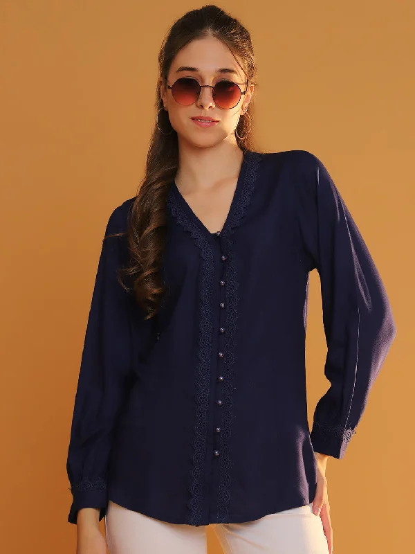 NOZ2TOZ Women's Navy Blue V-Neck Full Sleeves Shirt with Lace Placket Detailing Anti-Pilling Machine Wash Handmade NOZ2TOZ Women's Navy Blue V-Neck Full Sleeves Shirt with Lace Placket Detailing Anti-Pilling Machine Wash Handmade