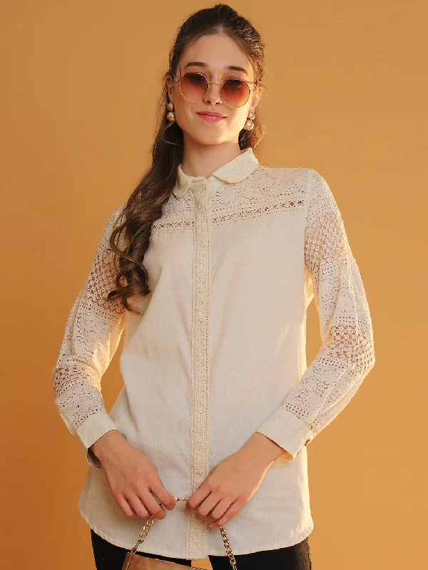 NOZ2TOZ Women's Off-White Lace-Detail Full Sleeves Shirt - Elegant & Timeless Layered Multi-layer Single Layer NOZ2TOZ Women's Off-White Lace-Detail Full Sleeves Shirt - Elegant & Timeless Layered Multi-layer Single Layer