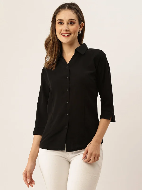 Odette Black Synthetic Solid Stitched Shirt For Women Zippered Front Buttoned Front Snap Front Odette Black Synthetic Solid Stitched Shirt For Women Zippered Front Buttoned Front Snap Front