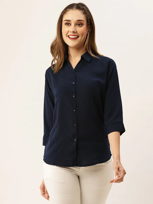 Odette Navy Blue Synthetic Solid Stitched Shirt For Women Solid Color Striped Floral Odette Navy Blue Synthetic Solid Stitched Shirt For Women Solid Color Striped Floral