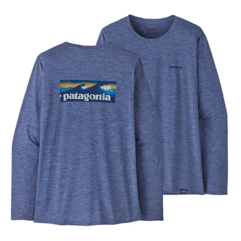 Patagonia Women's Long-Sleeved Capilene Cool Daily Graphic Shirt - Waters - Boardshort Logo: Current Blue X-Dye - Medium Knit Fabric Woven Fabric Fleece Fabric Patagonia Women's Long-Sleeved Capilene Cool Daily Graphic Shirt - Waters - Boardshort Logo: Current Blue X-Dye - Medium Knit Fabric Woven Fabric Fleece Fabric